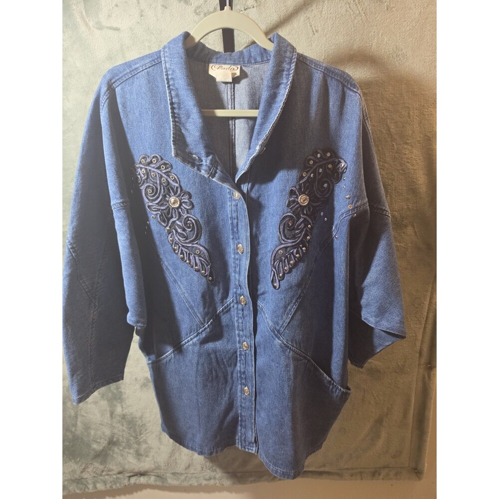 Pado USA Denim Embellished Button Front Jacket Shirt Womens Size L Blue Cotton